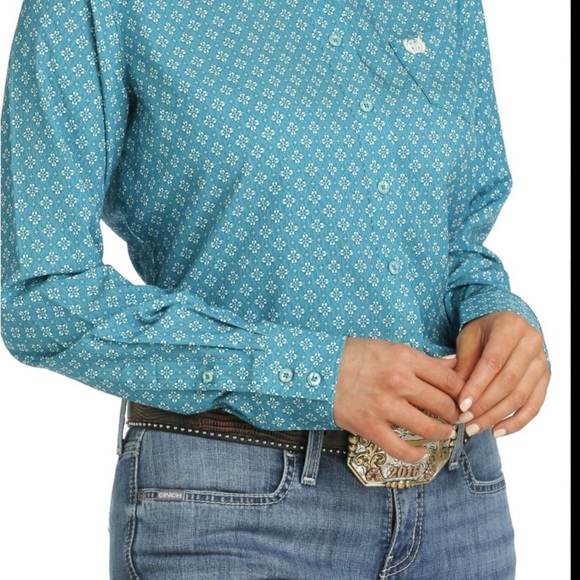Cinch Women's Geometric Print Arenaflex Teal Button Down Shirt Size XXL - Picture 2 of 3